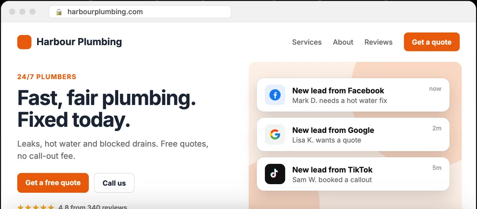 Example homepage mockup for a local plumbing business